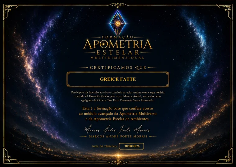 Certificado: Apometria Estelar Multidimensional, em nome de Greice Fatte