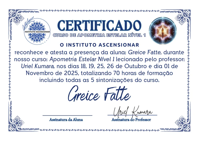 Certificado: Apometria Estelar Nível 1, em nome de Greice Fatte