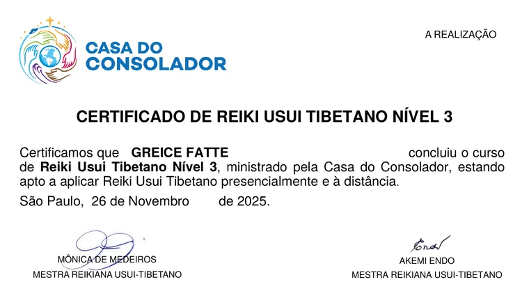 Certificado: Reiki Usui Tibetano · Níveis 1 e 3, em nome de Greice Fatte