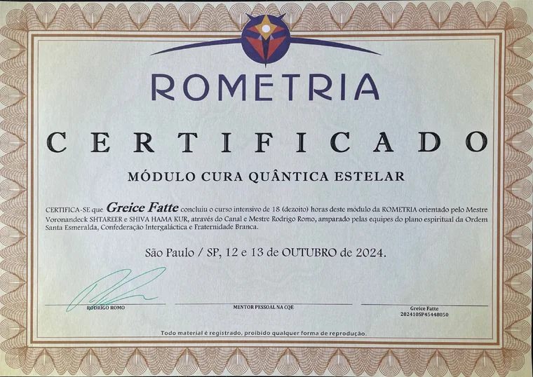 Certificado: Cura Quântica Estelar e módulos Rometria, em nome de Greice Fatte