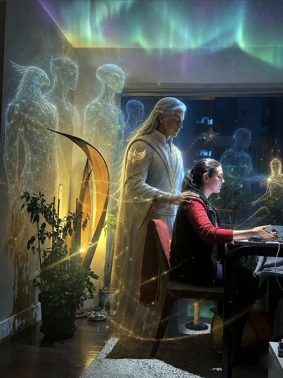 Ilustração de uma terapeuta em atendimento, cercada por figuras de luz que representam a equipe espiritual