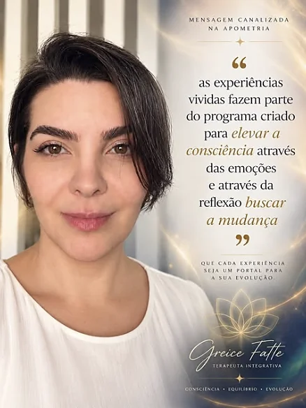 Greice Fatte ao lado de uma mensagem canalizada na Apometria